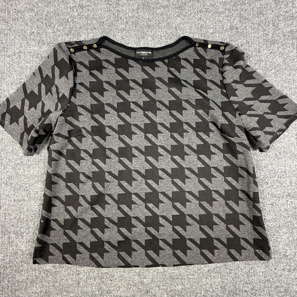 Liz Claiborne Tops - Liz Claiborne Shirt Womens XL Gray Black Houndstooth Short Sleeve Career Top